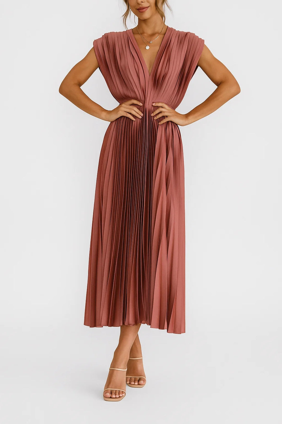 Women's Summer Dress - Elegant V-Neck Midi Dress with Pleated Design for Formal or Casual Occasions 3