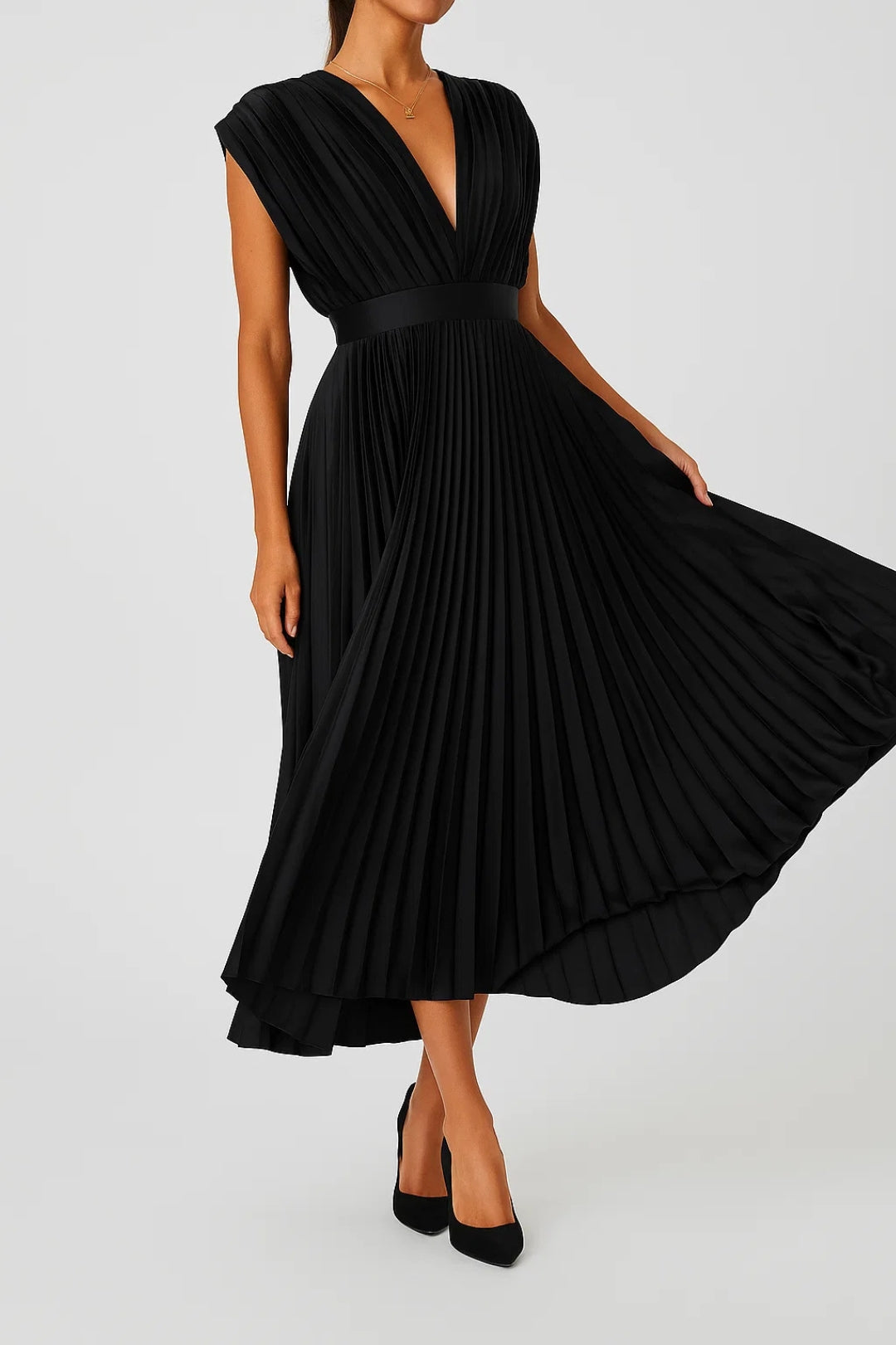 Women's Summer Dress - Elegant V-Neck Midi Dress with Pleated Design for Formal or Casual Occasions 4