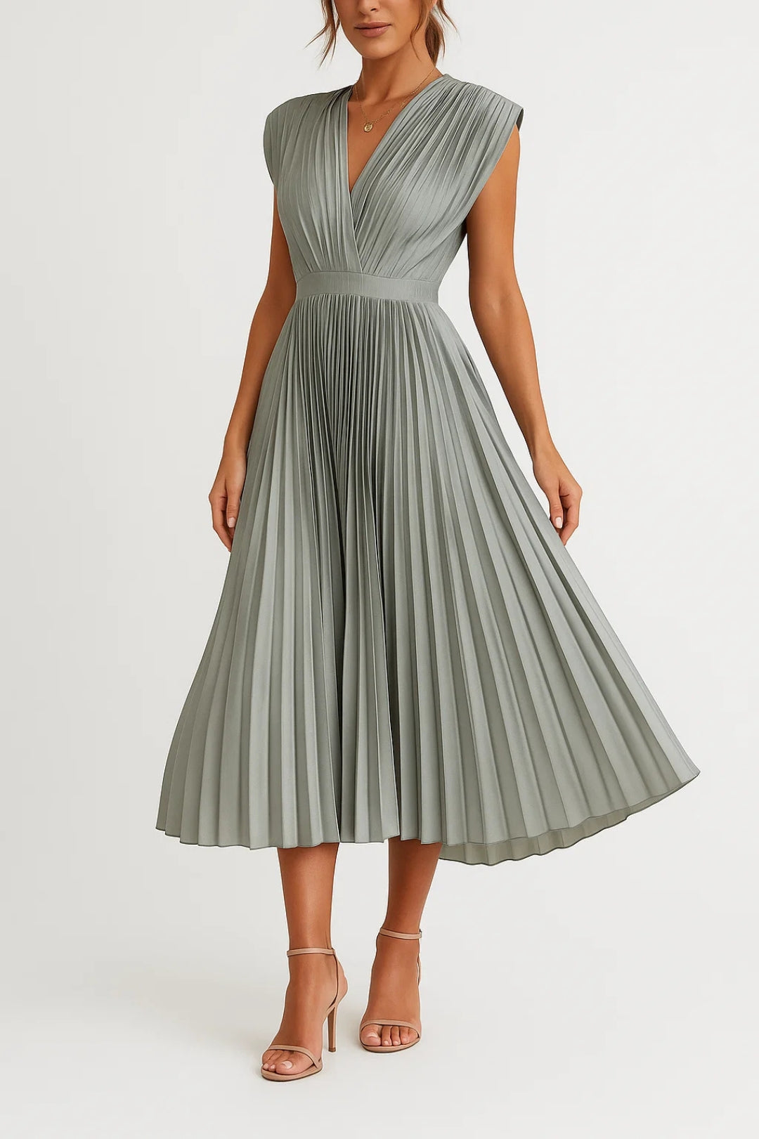 Women's Summer Dress - Elegant V-Neck Midi Dress with Pleated Design for Formal or Casual Occasions 5