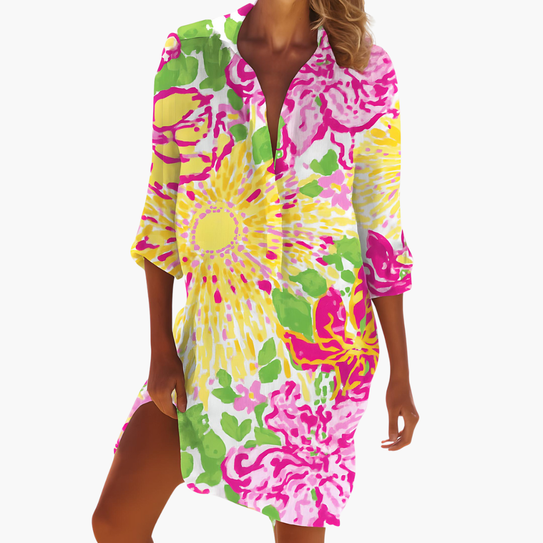 Women's Summer Dress with Long Sleeves and Button Placket - Lightweight Casual Shirt Dress for Warm Days 0