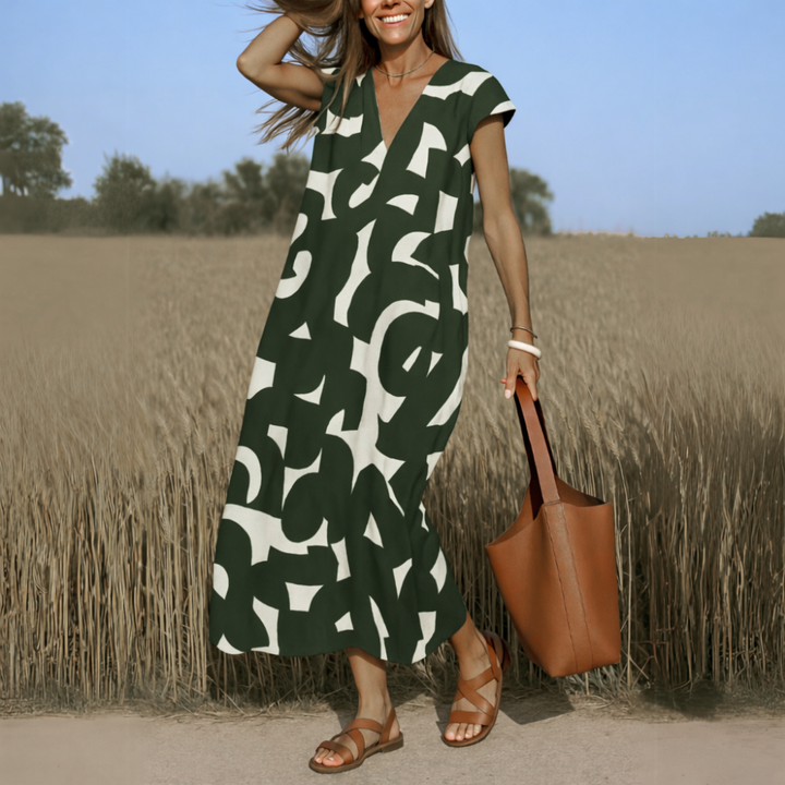 Women's Summer Maxi Dress - Elegant V-Neck Printed White Dress for Effortless Style and Comfort 0