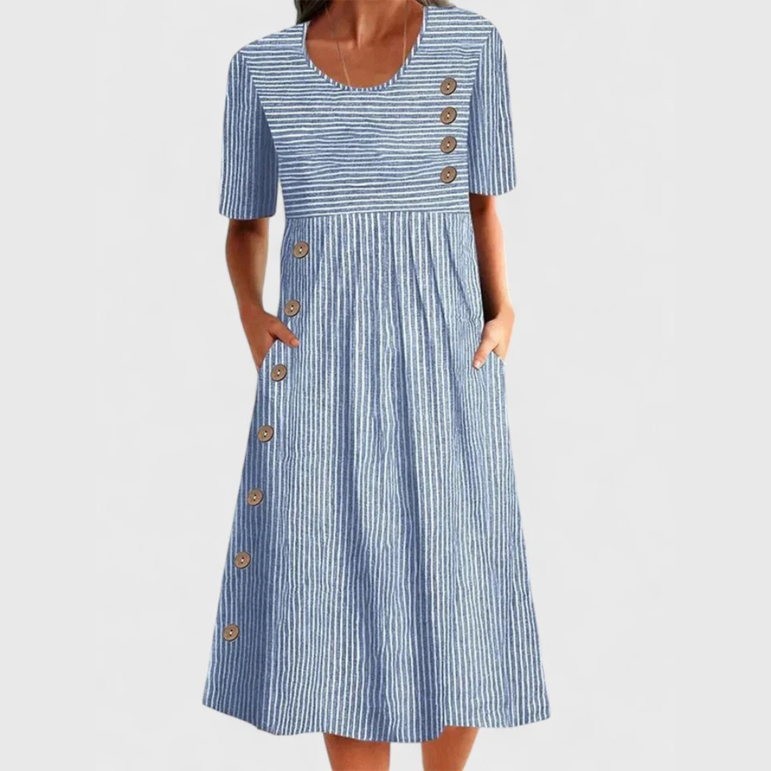 Women's Summer Striped Midi Dress with Button Details for Effortless Style 0