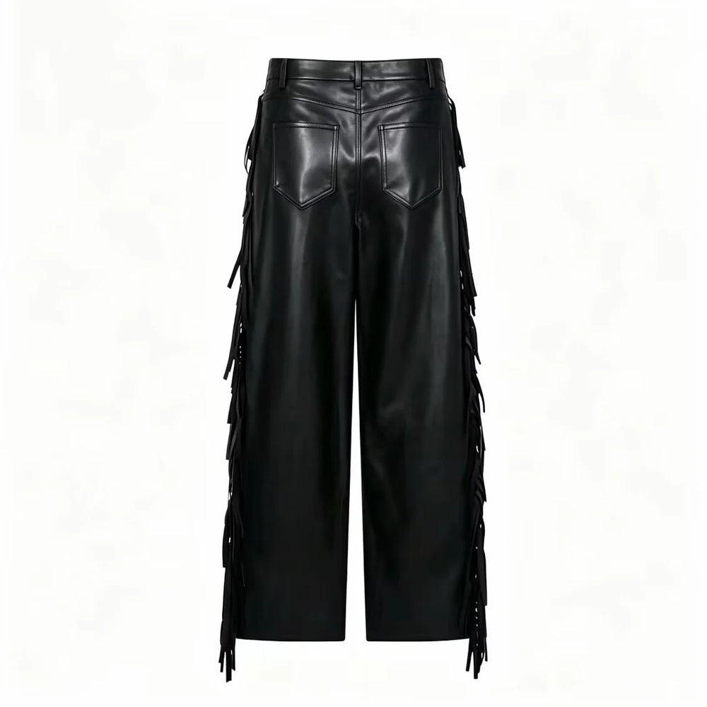 Women's Trousers with Fringe Trim - Stylish Relaxed Fit Faux Leather Pants for Modern Fashion 1