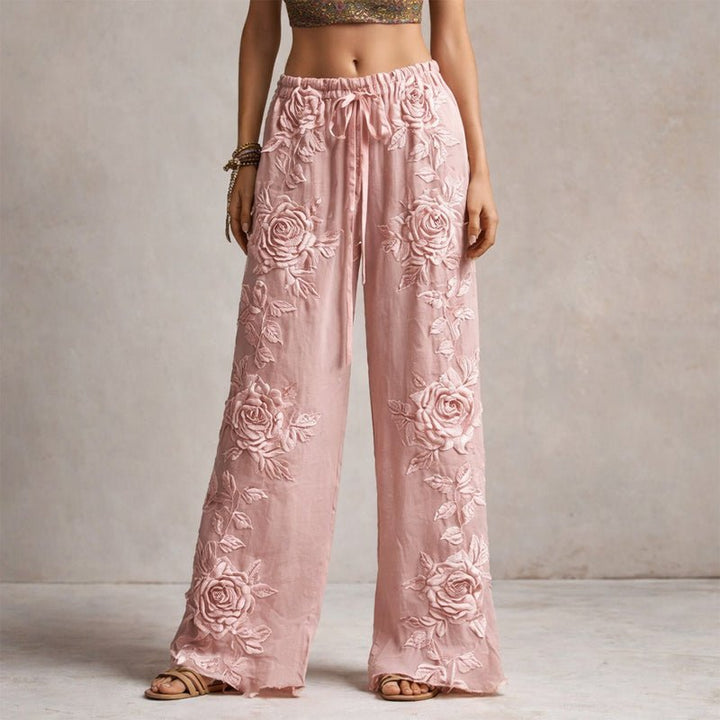 Women's Wide-Leg Trousers with Floral Embroidery and Adjustable Drawstring Waist 0