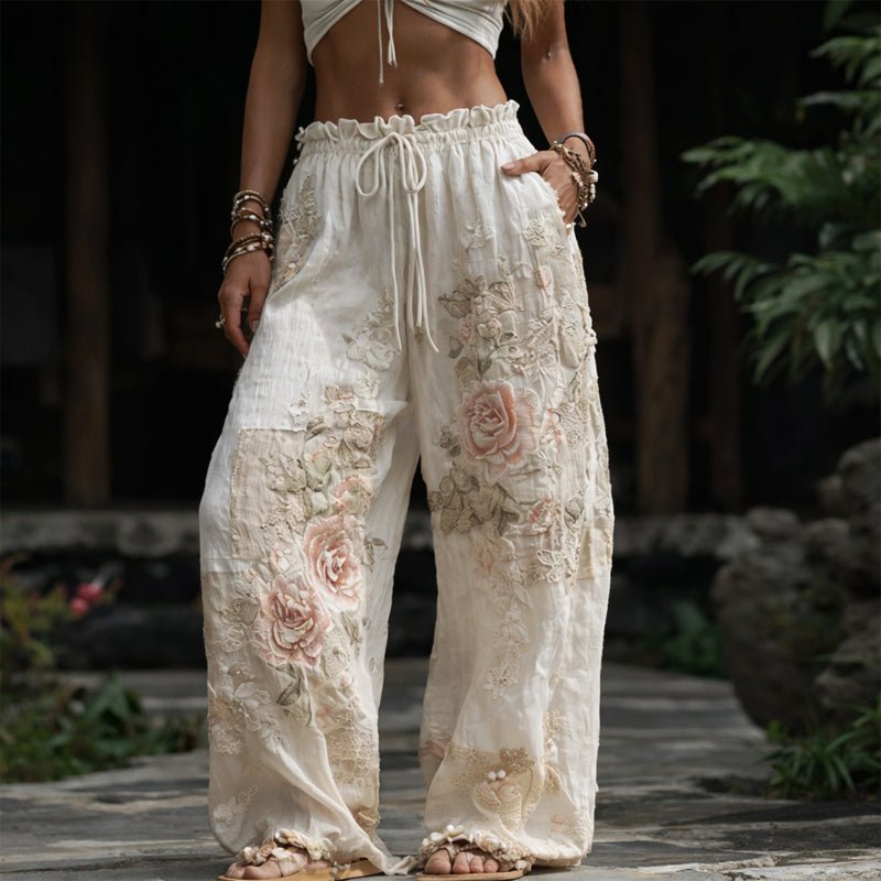 Women's Wide-Leg Trousers with Floral Embroidery and Adjustable Drawstring Waist 1