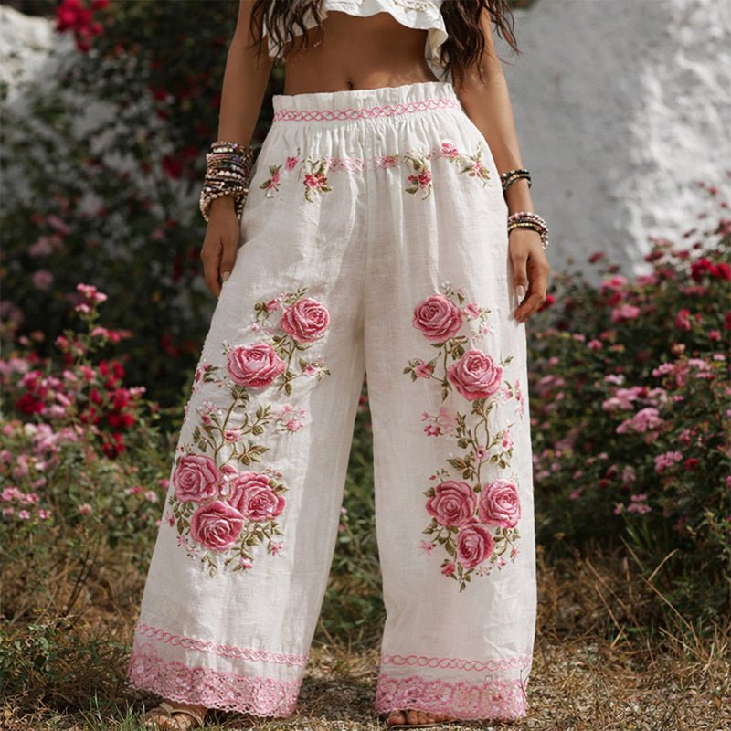 Women's Wide-Leg Trousers with Floral Embroidery and Adjustable Drawstring Waist 2