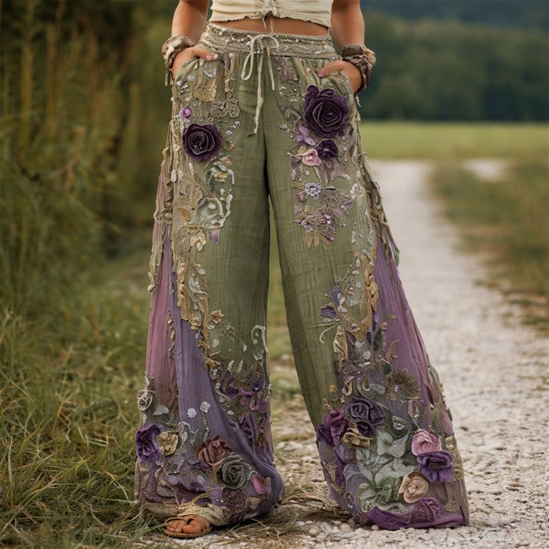Women's Wide-Leg Trousers with Floral Embroidery and Adjustable Drawstring Waist 3