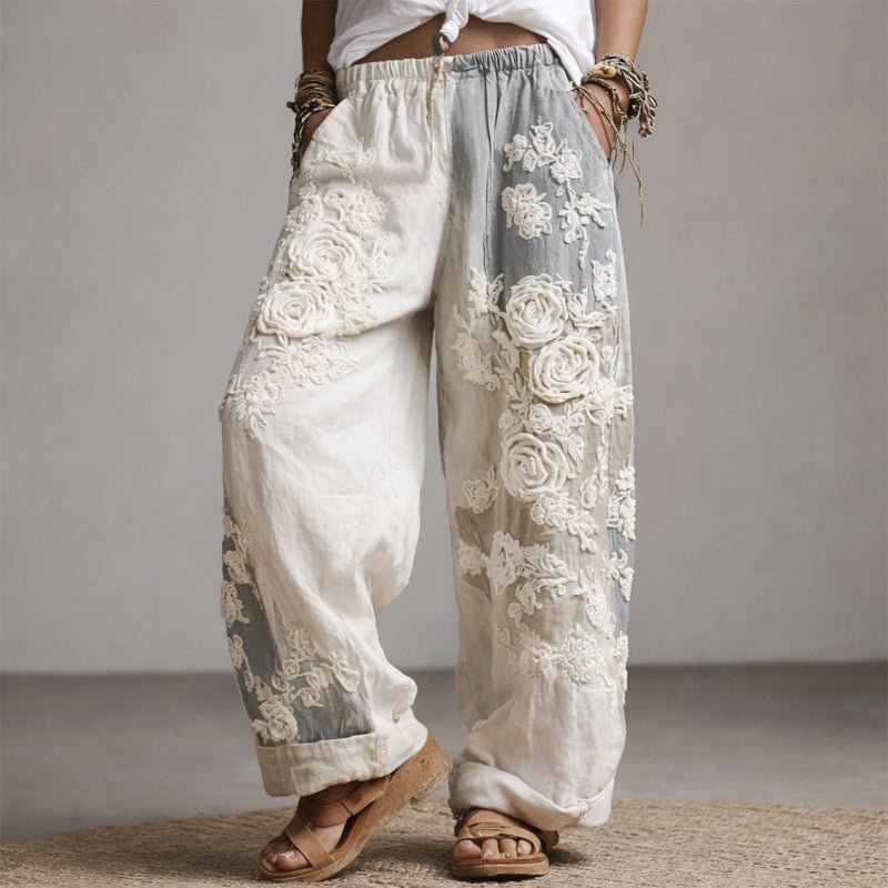 Women's Wide-Leg Trousers with Floral Embroidery and Adjustable Drawstring Waist 4