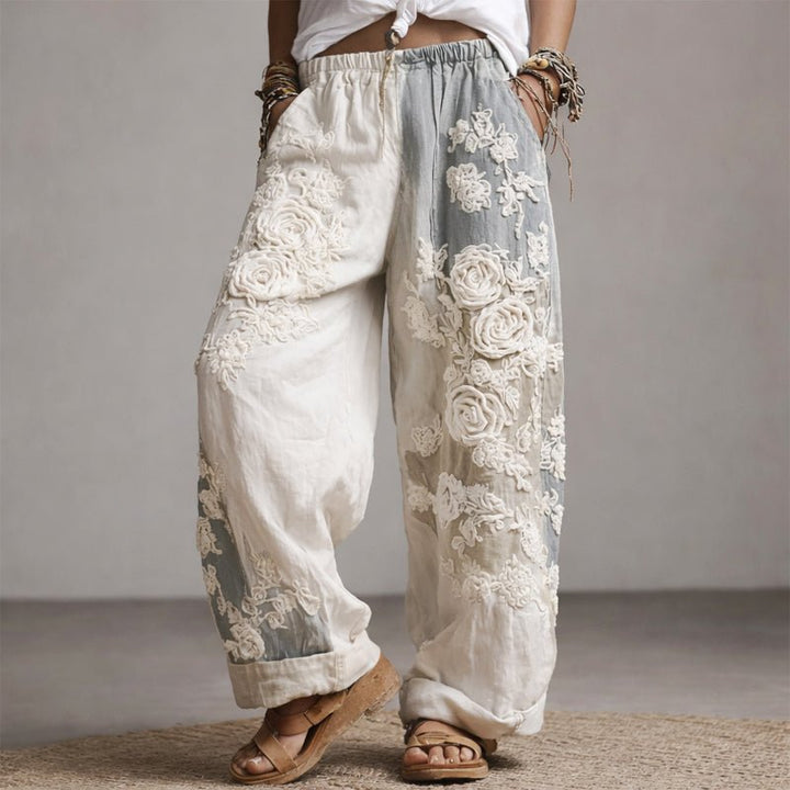 Women's Wide-Leg Trousers with Floral Embroidery and Adjustable Drawstring Waist 4