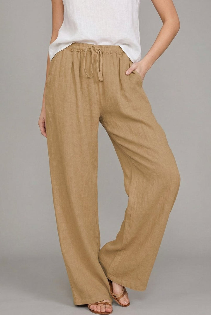 Women's Wide Leg Linen Pants with Elastic Drawstring Waistband for Summer Comfort 0
