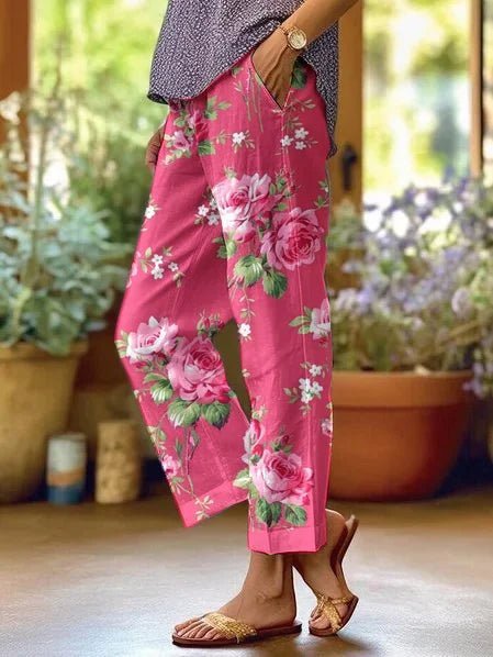 Women's Wide Leg Pants, Floral Casual Trousers with Pockets for Summer, Relaxed Fit, Boho Style 0