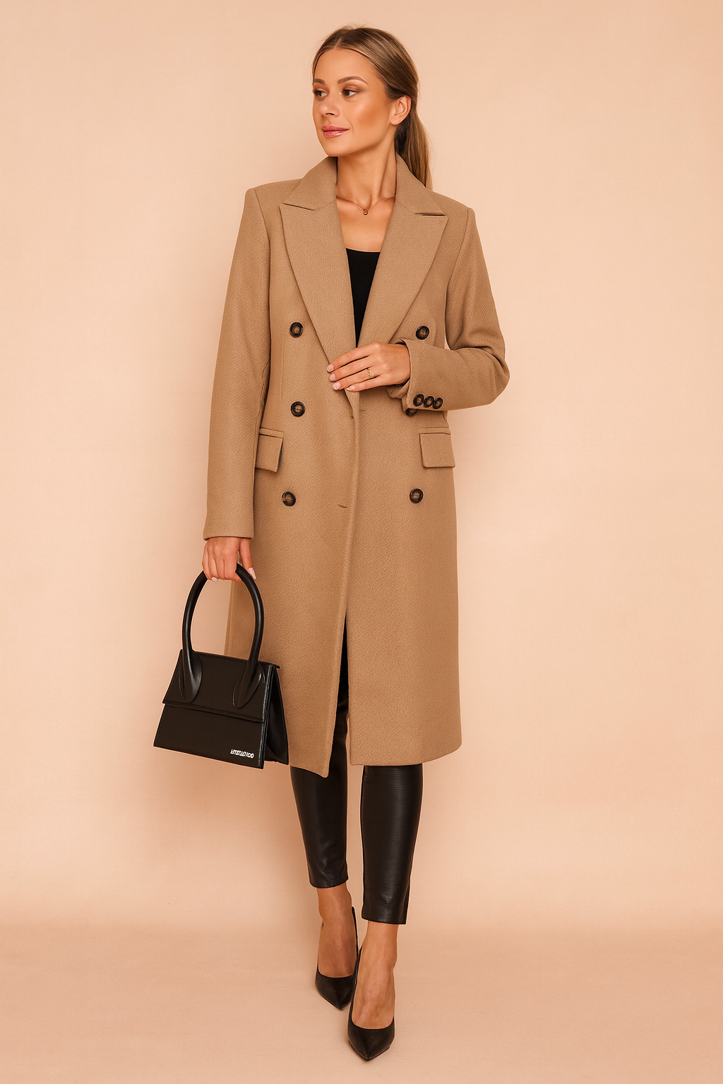 Women's elegant double-breasted winter coat with pockets 0