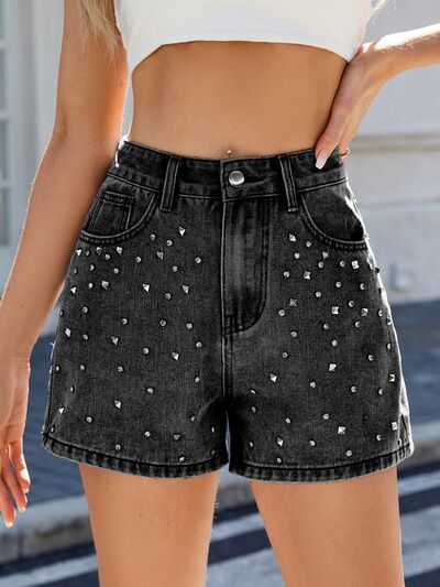 Womens Denim Shorts - High Waist Rhinestone Embellished Casual Summer Style 0