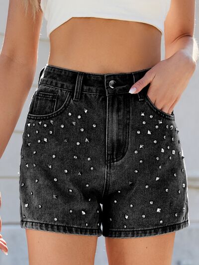 Womens Denim Shorts - High Waist Rhinestone Embellished Casual Summer Style 1
