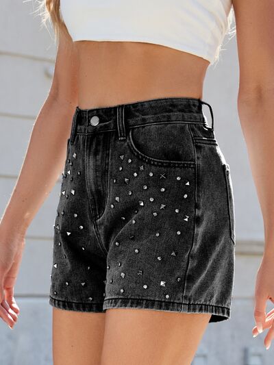 Womens Denim Shorts - High Waist Rhinestone Embellished Casual Summer Style 2