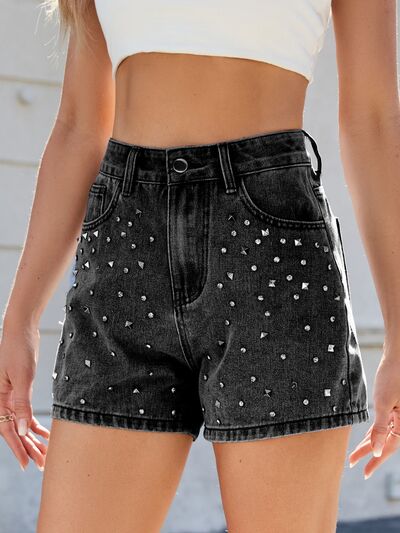 Womens Denim Shorts - High Waist Rhinestone Embellished Casual Summer Style 3