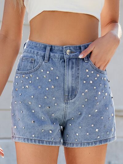 Womens Denim Shorts - High Waist Rhinestone Embellished Casual Summer Style 5