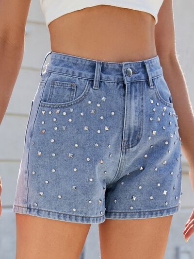 Womens Denim Shorts - High Waist Rhinestone Embellished Casual Summer Style 7