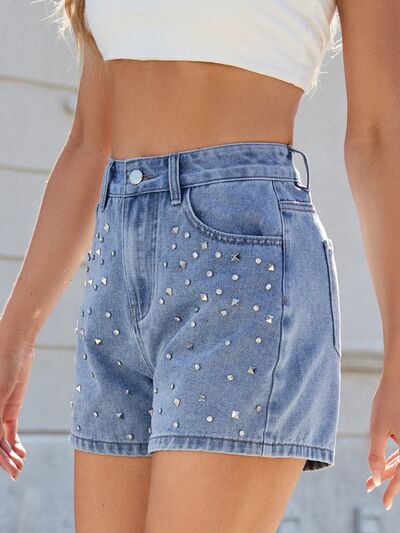 Womens Denim Shorts - High Waist Rhinestone Embellished Casual Summer Style 8
