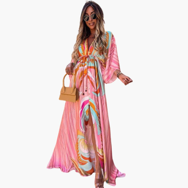 Womens Dress - Colorful Floral Print Summer Maxi Dress for Stylish Occasions 0