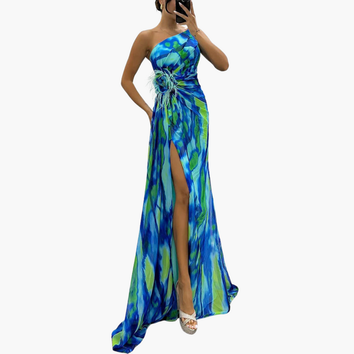 Womens Dress - Elegant One Shoulder Maxi Summer Dress in Vibrant Multicolor Print 0