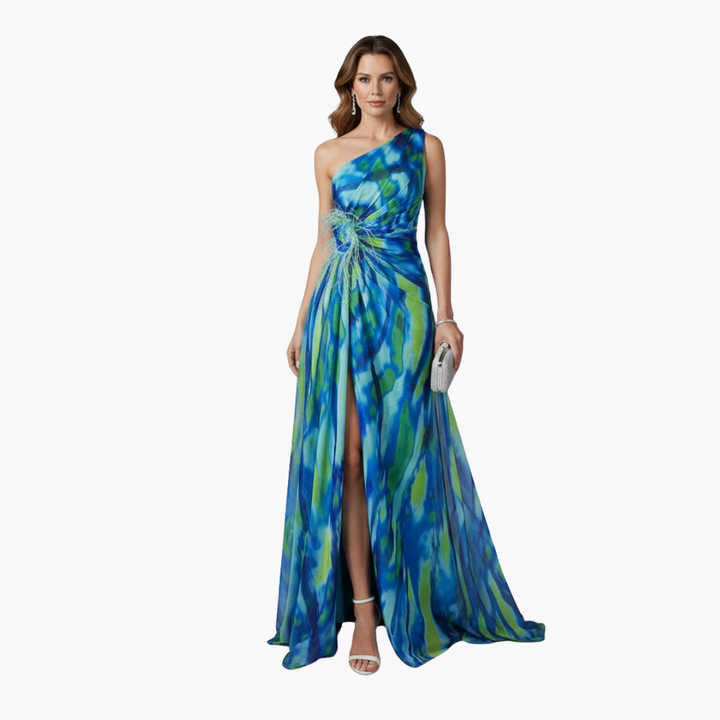 Womens Dress - Elegant One Shoulder Maxi Summer Dress in Vibrant Multicolor Print 1