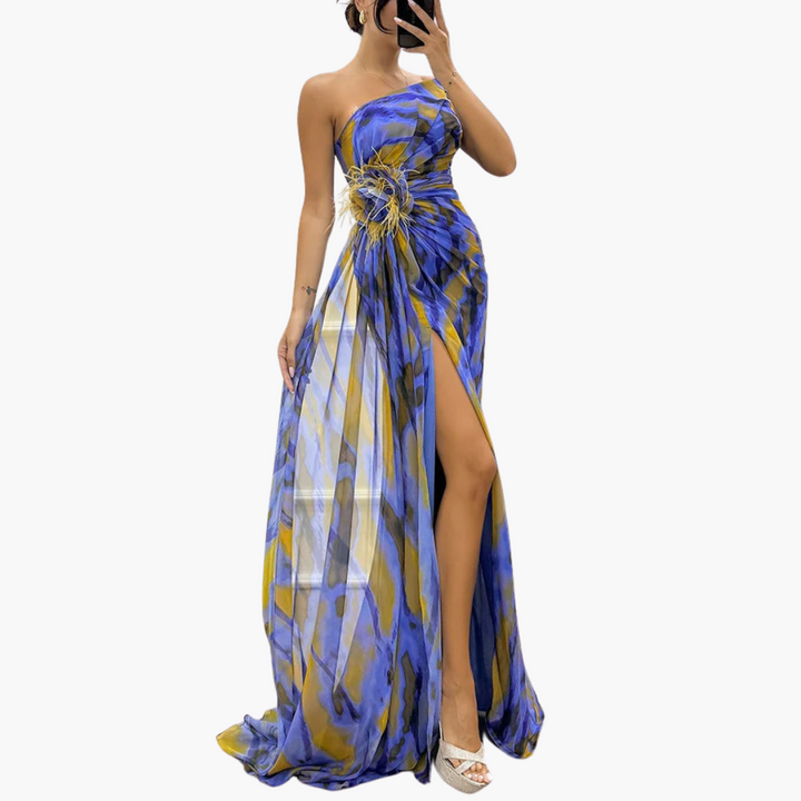 Womens Dress - Elegant One Shoulder Maxi Summer Dress in Vibrant Multicolor Print 10