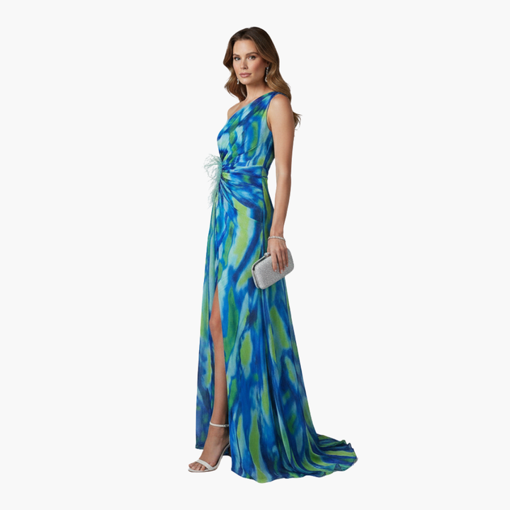 Womens Dress - Elegant One Shoulder Maxi Summer Dress in Vibrant Multicolor Print 2