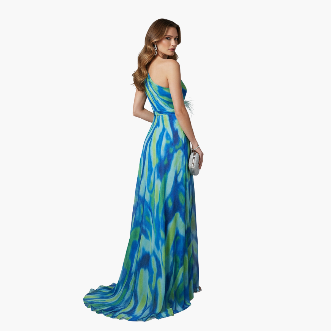 Womens Dress - Elegant One Shoulder Maxi Summer Dress in Vibrant Multicolor Print 3