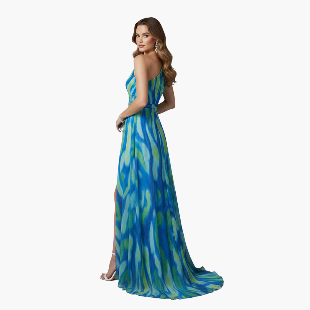 Womens Dress - Elegant One Shoulder Maxi Summer Dress in Vibrant Multicolor Print 4