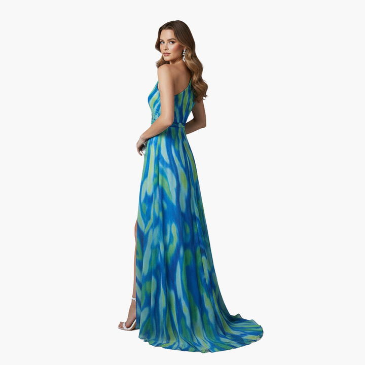 Womens Dress - Elegant One Shoulder Maxi Summer Dress in Vibrant Multicolor Print 4