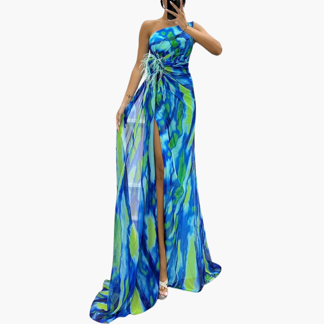 Womens Dress - Elegant One Shoulder Maxi Summer Dress in Vibrant Multicolor Print 5