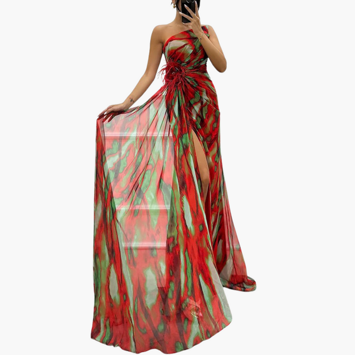 Womens Dress - Elegant One Shoulder Maxi Summer Dress in Vibrant Multicolor Print 7