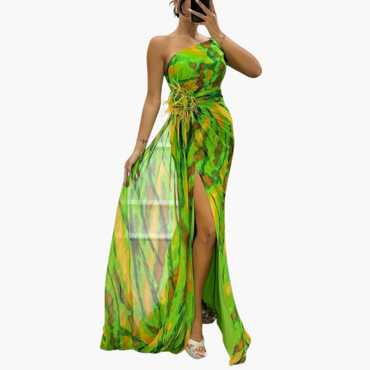 Womens Dress - Elegant One Shoulder Maxi Summer Dress in Vibrant Multicolor Print 9