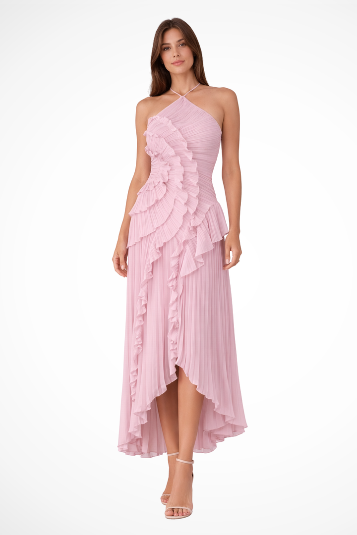 Womens Dress - Elegant Sleeveless Halter Maxi Summer Wedding Guest Dress with Ruffled Details and Asymmetric Hemline 0