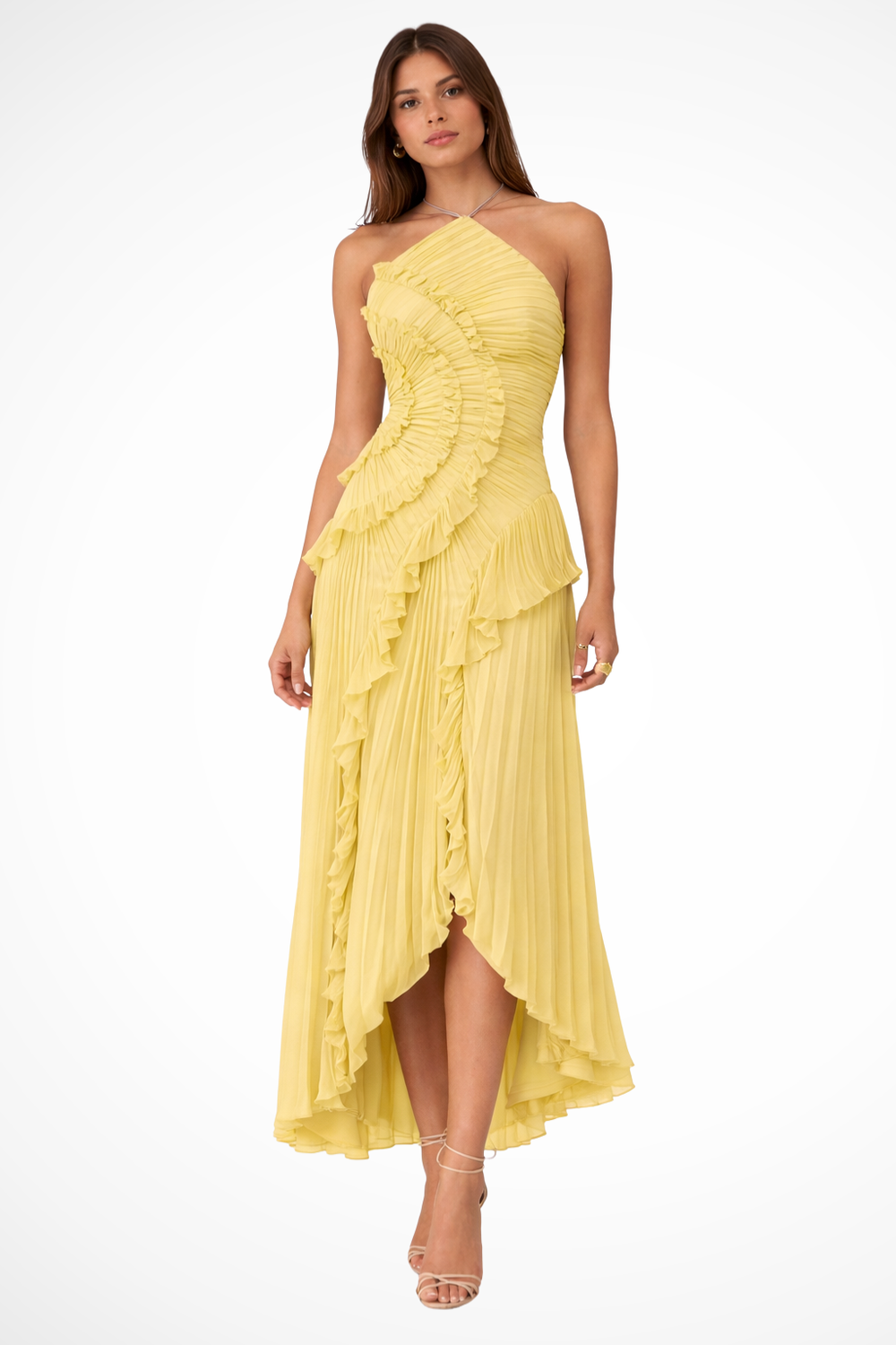 Womens Dress - Elegant Sleeveless Halter Maxi Summer Wedding Guest Dress with Ruffled Details and Asymmetric Hemline 1