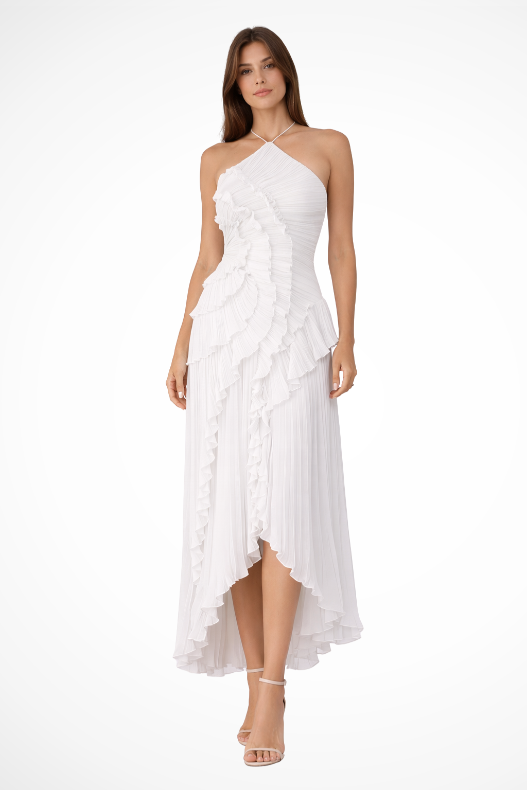Womens Dress - Elegant Sleeveless Halter Maxi Summer Wedding Guest Dress with Ruffled Details and Asymmetric Hemline 2