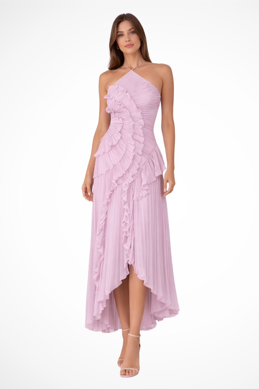 Womens Dress - Elegant Sleeveless Halter Maxi Summer Wedding Guest Dress with Ruffled Details and Asymmetric Hemline 3