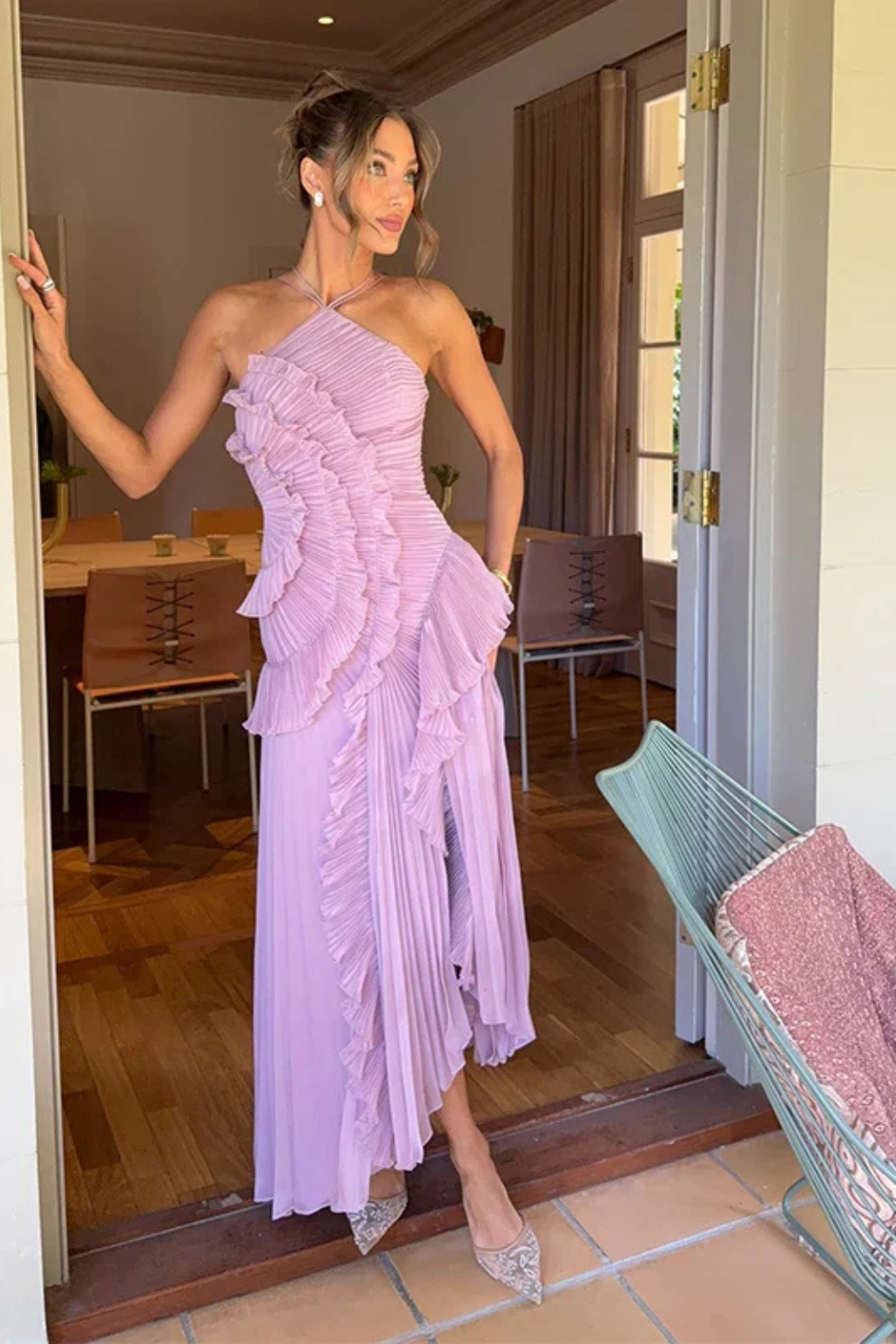 Womens Dress - Elegant Sleeveless Halter Maxi Summer Wedding Guest Dress with Ruffled Details and Asymmetric Hemline 4