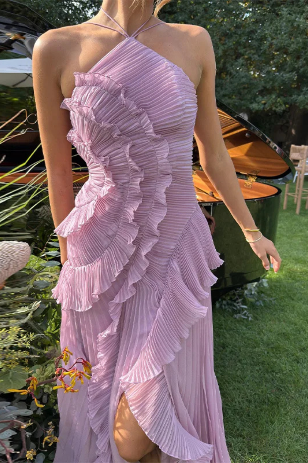 Womens Dress - Elegant Sleeveless Halter Maxi Summer Wedding Guest Dress with Ruffled Details and Asymmetric Hemline 5