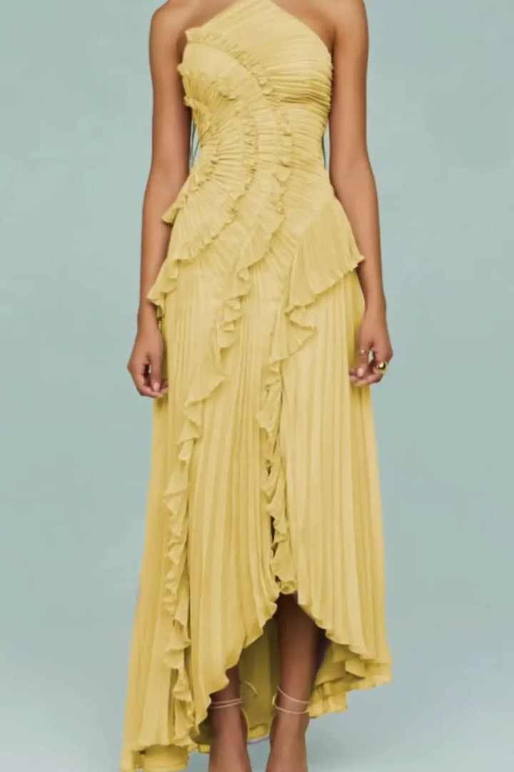 Womens Dress - Elegant Sleeveless Halter Maxi Summer Wedding Guest Dress with Ruffled Details and Asymmetric Hemline 6