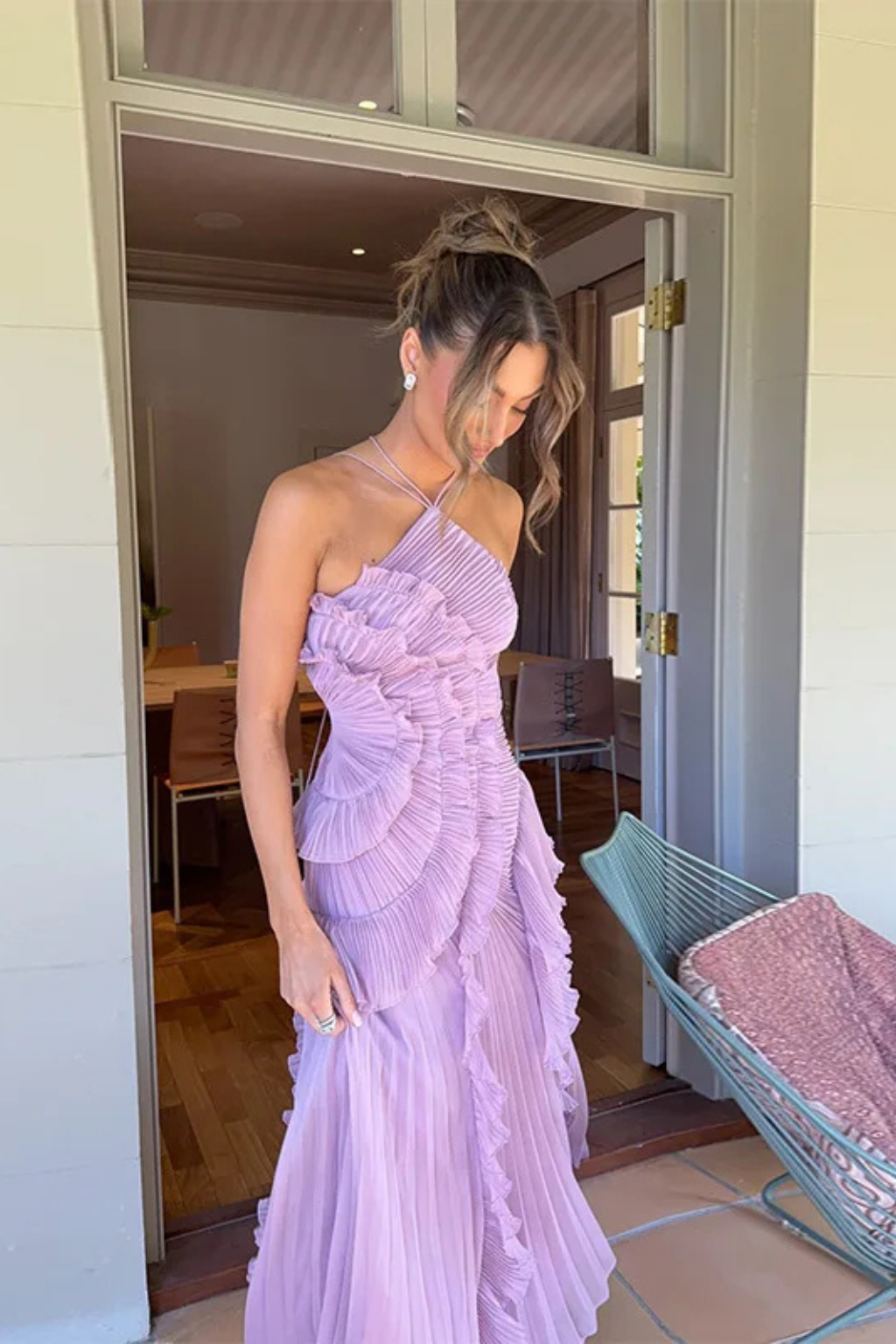 Womens Dress - Elegant Sleeveless Halter Maxi Summer Wedding Guest Dress with Ruffled Details and Asymmetric Hemline 7