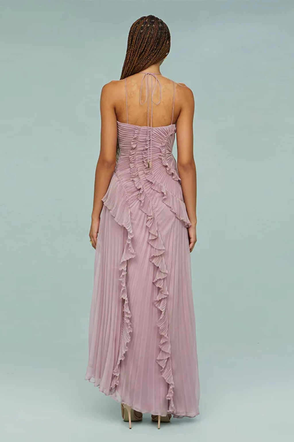 Womens Dress - Elegant Sleeveless Halter Maxi Summer Wedding Guest Dress with Ruffled Details and Asymmetric Hemline 8