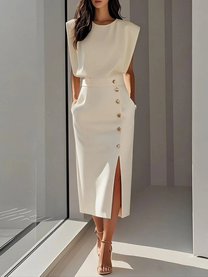 Womens Dress - Sophisticated Round Neck Midi Dress for Formal and Versatile Style 0