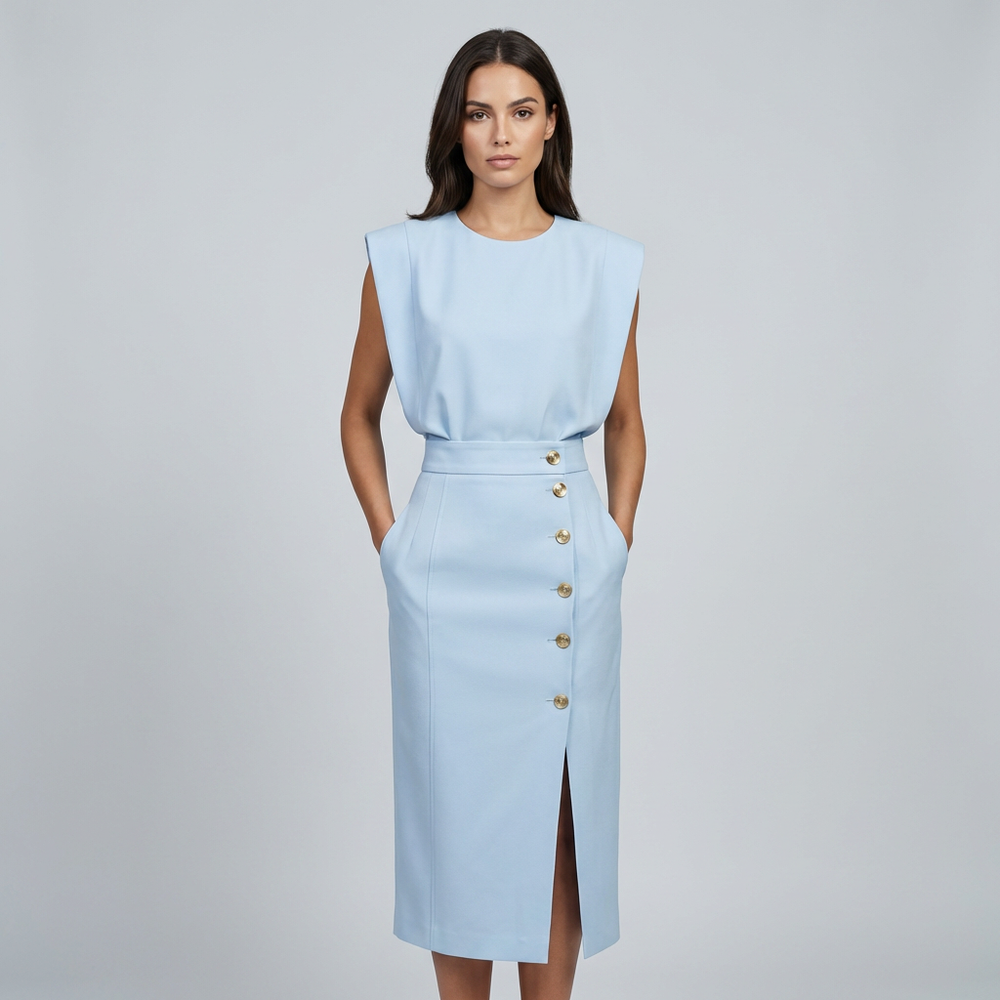 Womens Dress - Sophisticated Round Neck Midi Dress for Formal and Versatile Style 1