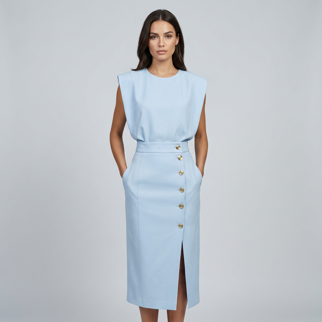 Womens Dress - Sophisticated Round Neck Midi Dress for Formal and Versatile Style 1