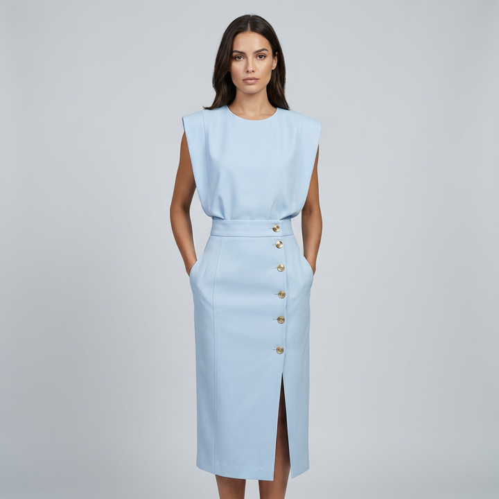 Womens Dress - Sophisticated Round Neck Midi Dress for Formal and Versatile Style 1