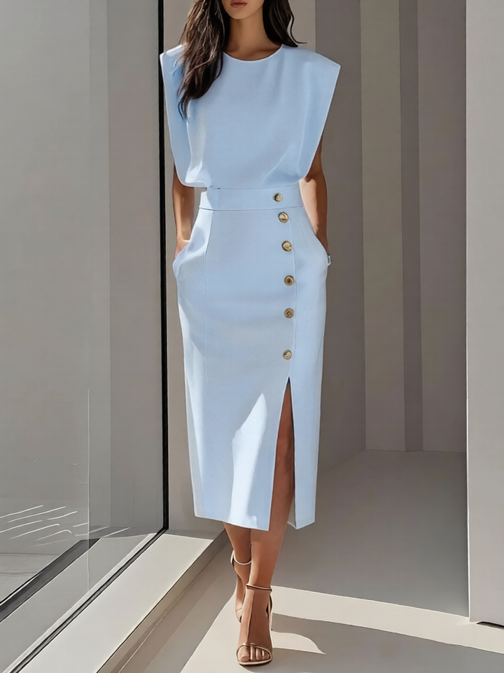 Womens Dress - Sophisticated Round Neck Midi Dress for Formal and Versatile Style 3