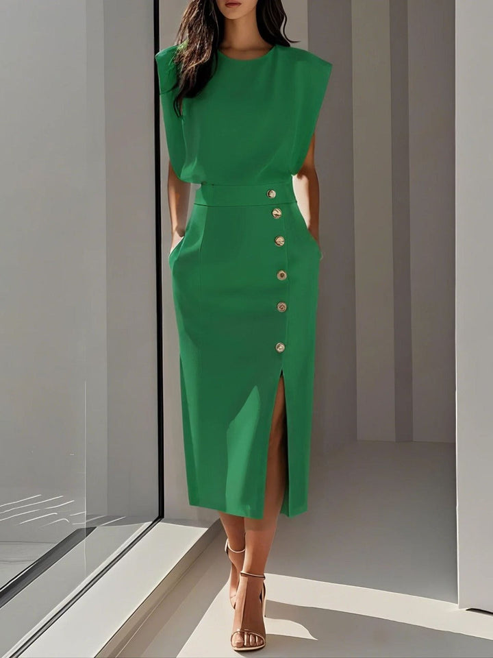 Womens Dress - Sophisticated Round Neck Midi Dress for Formal and Versatile Style 4