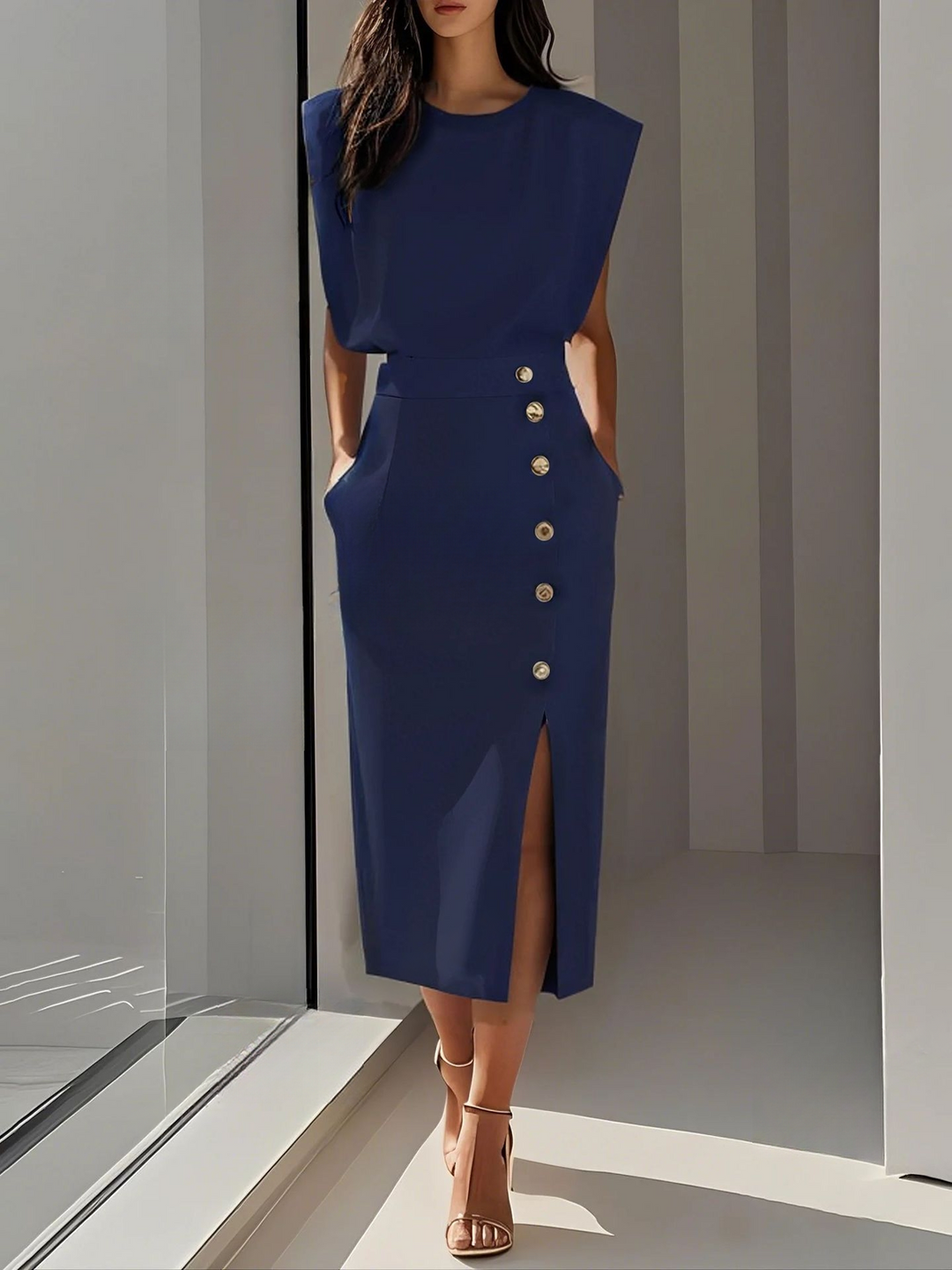 Womens Dress - Sophisticated Round Neck Midi Dress for Formal and Versatile Style 6